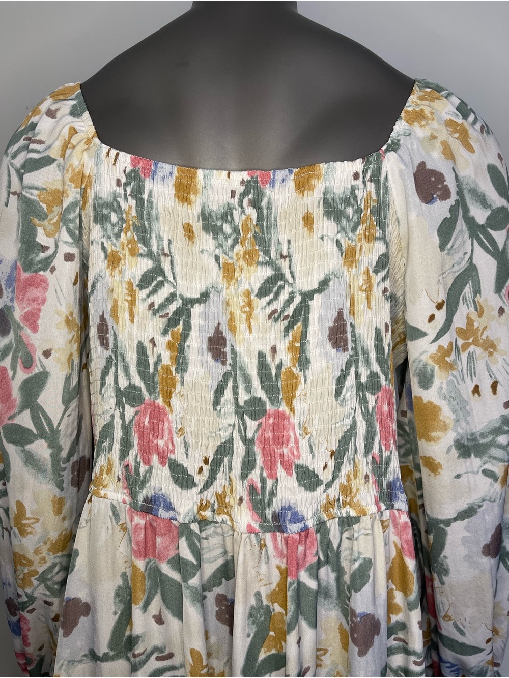 Simplee Plus Dress 3XL Smocked Midi Tiered Skirt Multi Floral Square Neck Bishop - Picture 8 of 10